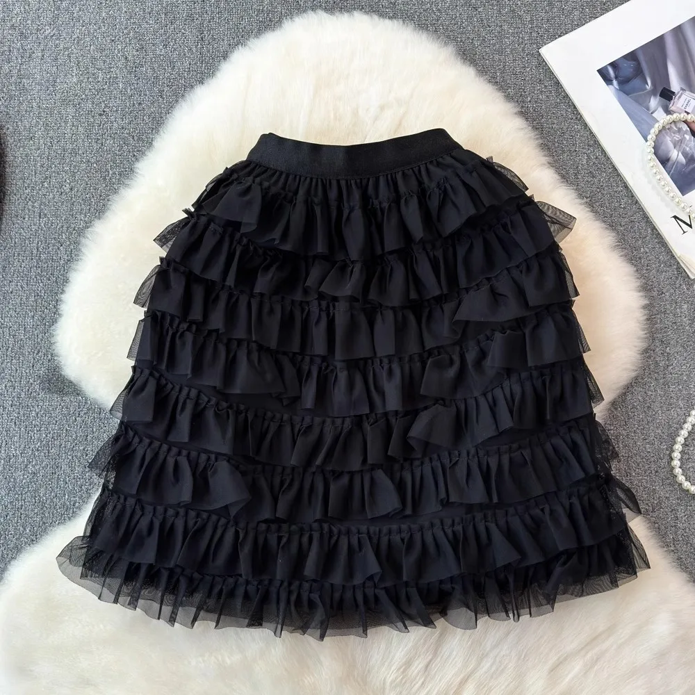 Saia bolo preta para mulheres pequenas, 2024 primavera e verão nova saia midi evasê, saia bufante de tule