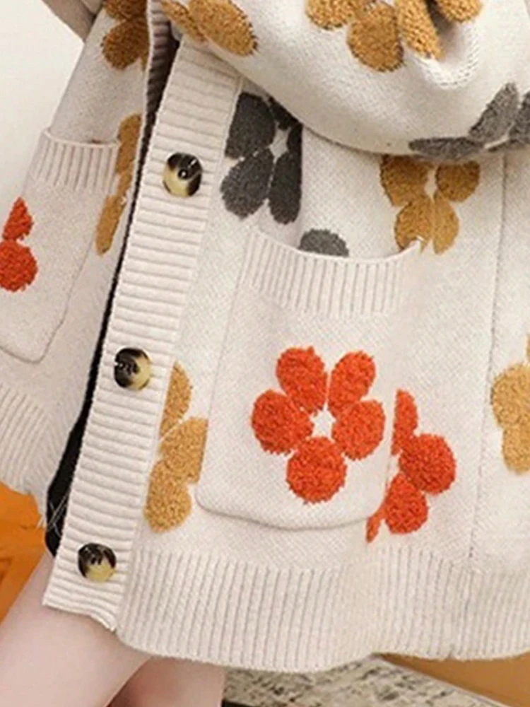 Вязаная накидка с цветочным принтом, пальто для женщин, осенне-зимняя женская одежда, кардиган на пуговицах, свитер, женские пальто, наряды, новая верхняя одежда