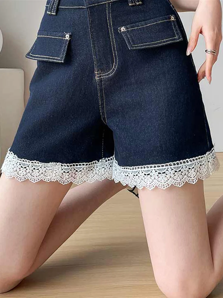 Deep blue straight leg denim shorts women in summer niche design sense lace high waist mid length and three part pants