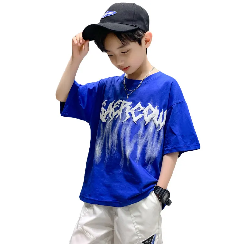 

Boys Short Sleeve T-Shirt Summer Children Cotton Fashion Letter Print Baby Kids Boy Loose Clothes Thin Sport Tops Tees 4-13Years