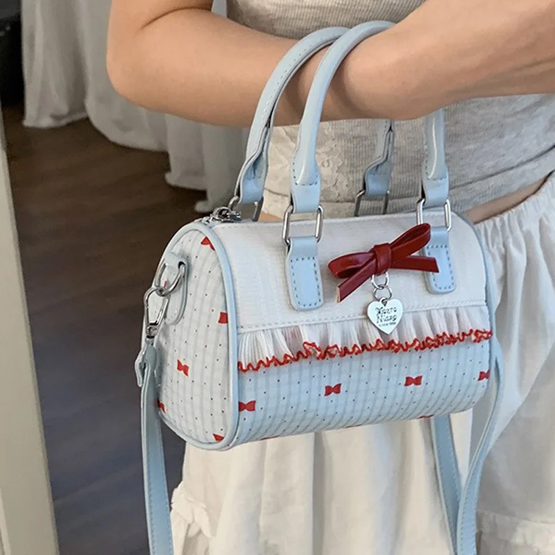 Korean Bow Polka Dot Bag Fashion Bowler Bag Color-blocked Lace Y2k Style Handbag Retro Sweet Plaid Crossbody Zipper Shoulder Bag
