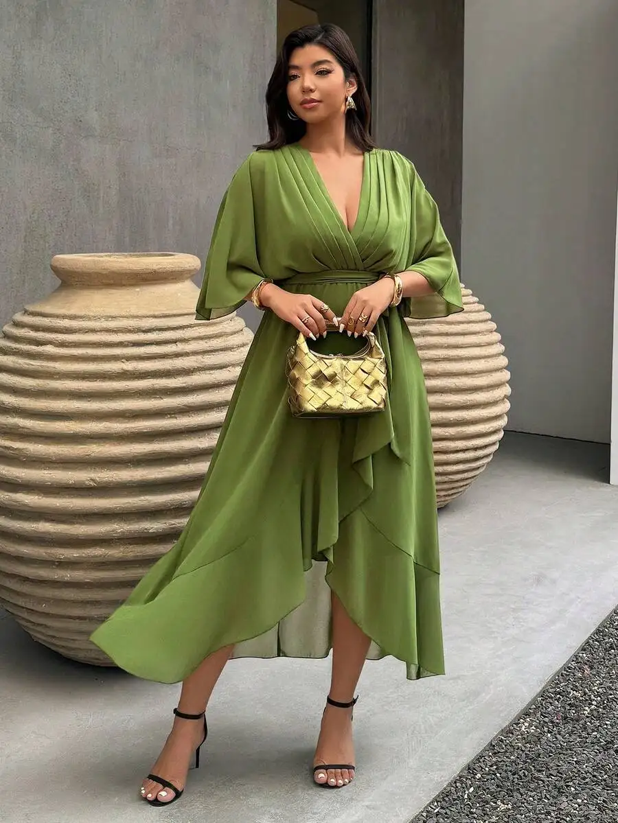 

Olive Green V-Neck Wrap Maxi Dress With Ruffle Hem For Spring Summer Casual Vacation
