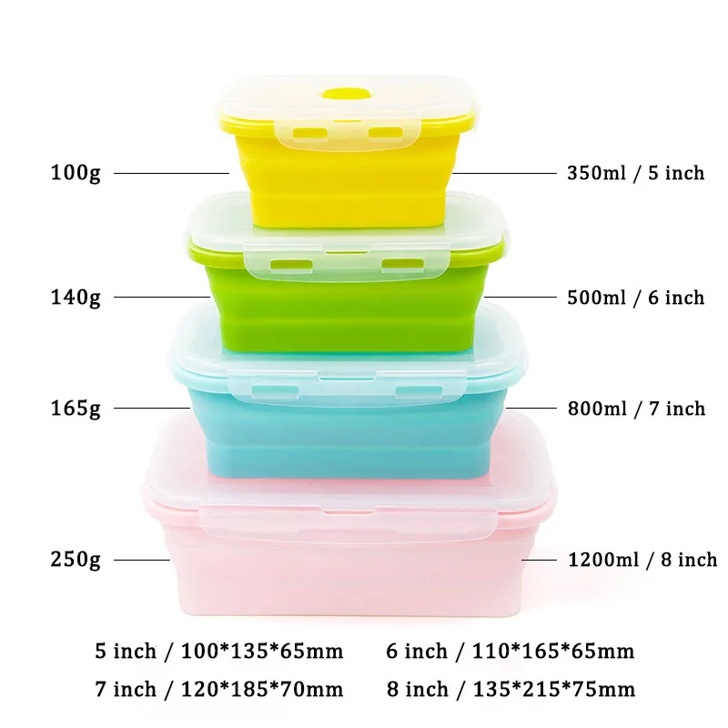 4Sizes Silicone Collapsible Lunch Box Food Storage Container Colorful Microwavable Portable Picnic Camping Rectangle Outdoor Box