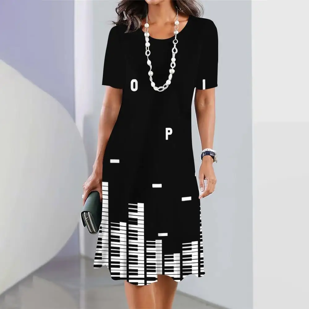 Fashions Phonetic Symbol Print Short Sleeve Dress Women's O-Neck Black White Dresses Oversize Loose Clothing Elegant Streetwear