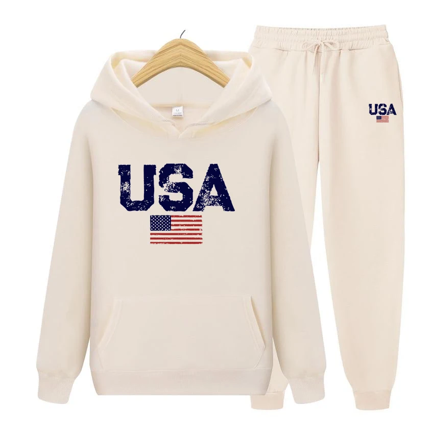 Usa Letters American Flag Stars And Stripes Mens Clothing Loose Crewneck Hoodie Set Hoodies Casual Pocket Sweatshirt Set