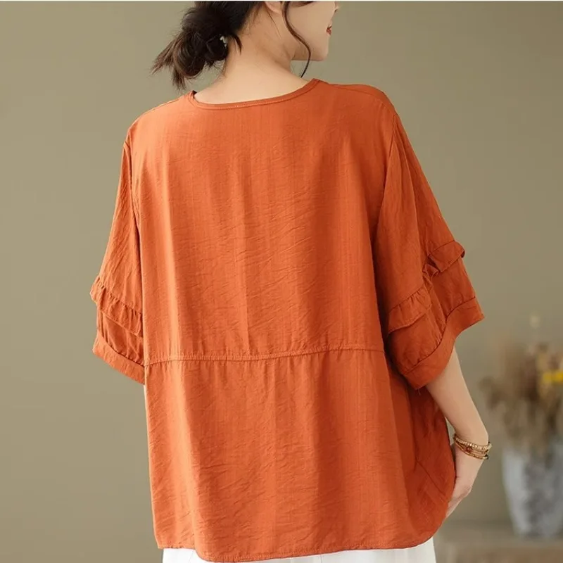 O-Neck Three Quarter Cotton Linen Comfortable Thin Top Large Size Female Clothing Summer Loose Elegant Solid Color Fashion Tees