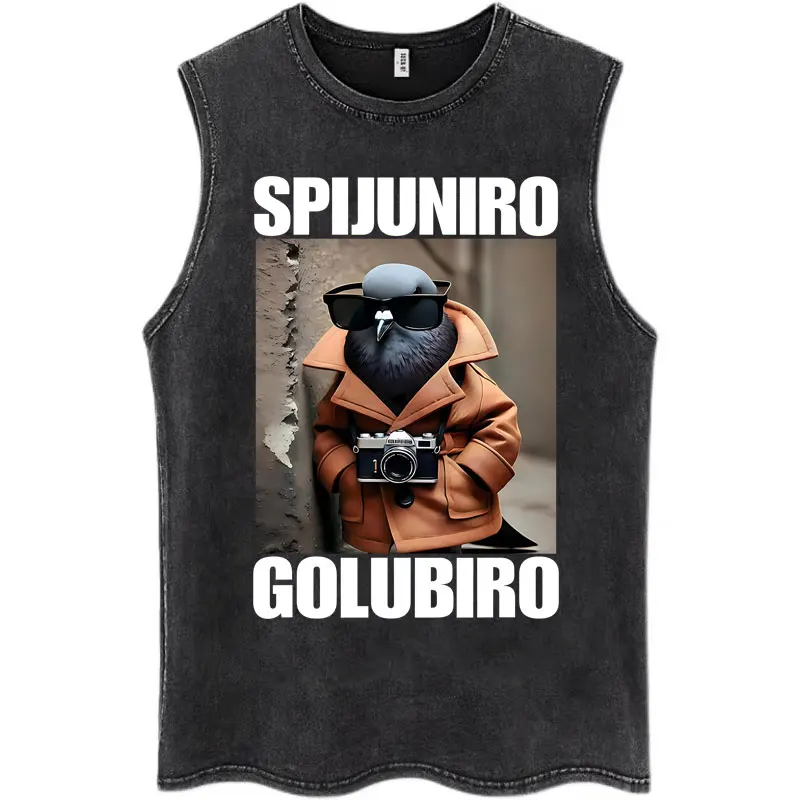 

Spijuniro Golubiro Забавный итальянский Brainrot Meme Wash Майки с юмором и голубем Популярная мужская футболка без рукавов Свободная хлопковая футболка