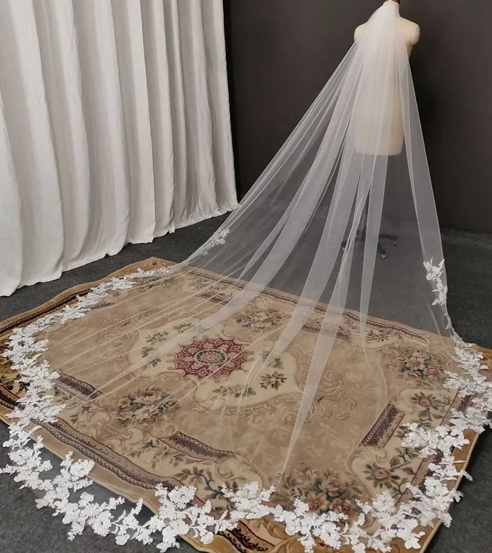 

Customized Real Photos Scallop Lace Wedding Veil 3m/4m Bridal Veil with Comb One Layer Cathedral White Ivory Veil Accessories