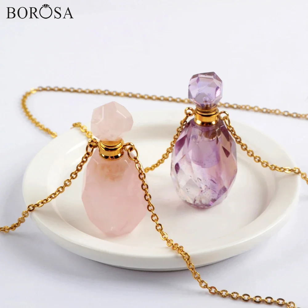 

Classic Rose Crystal Quartz Amethysts Perfume Bottle Necklace Golden Color Natural Stones Essential Oil Diffuser Pendant Jewelry