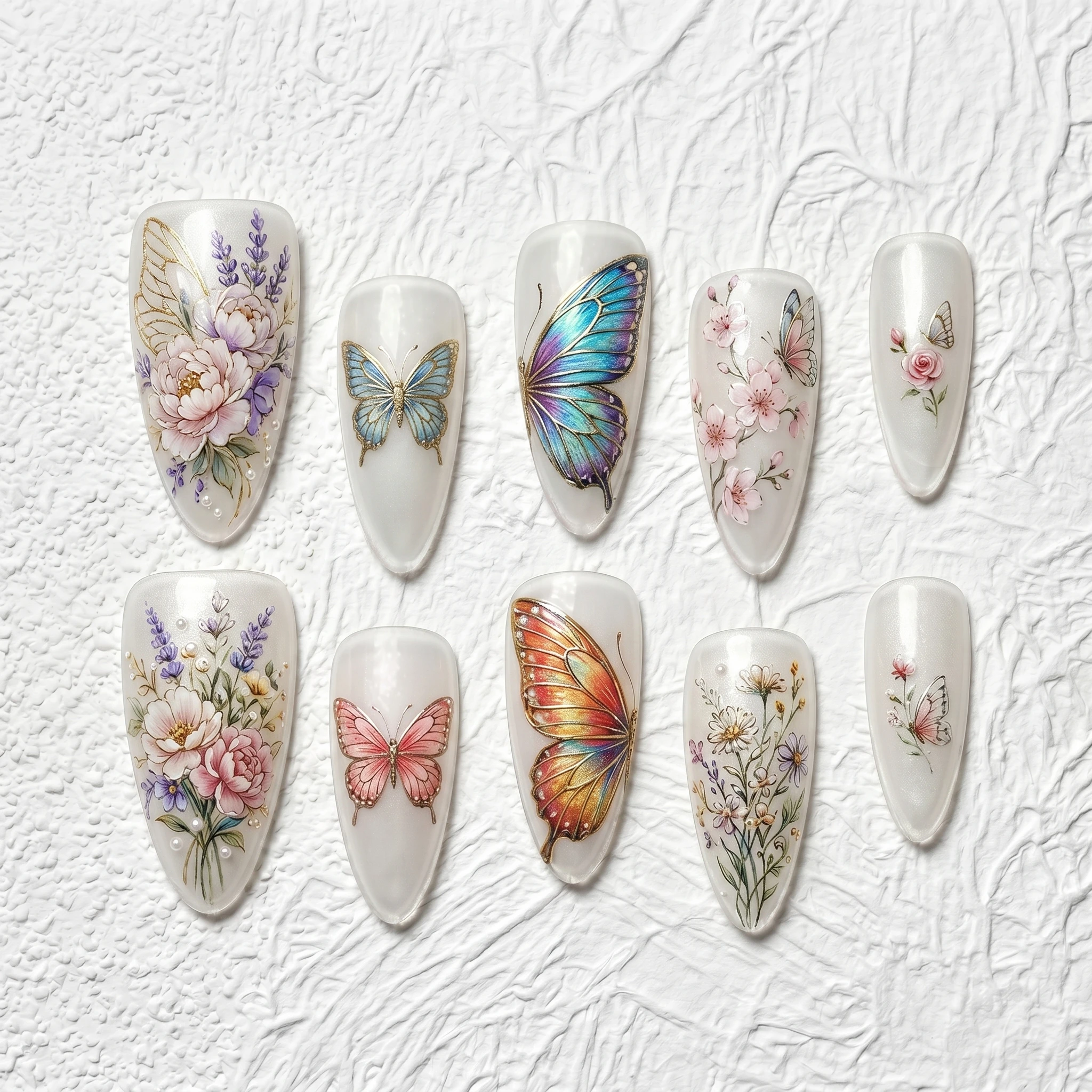 Artisan Handcrafted 10PCS Romantic Almond Press-On Nails | Butterfly Floral Pearls Glitter Bridal Party Wear Salon Finish