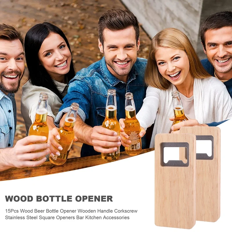 

15Pcs Wood Beer Bottle Opener Wooden Handle Corkscrew Stainless Steel Square Openers Bar Kitchen Accessories Party Gift