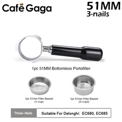 커피 바텀리스 포타필터, Delonghi Dedica ec680 ec685 용, 단단한 나무 손잡이 교체 필터 바구니 커피 도구