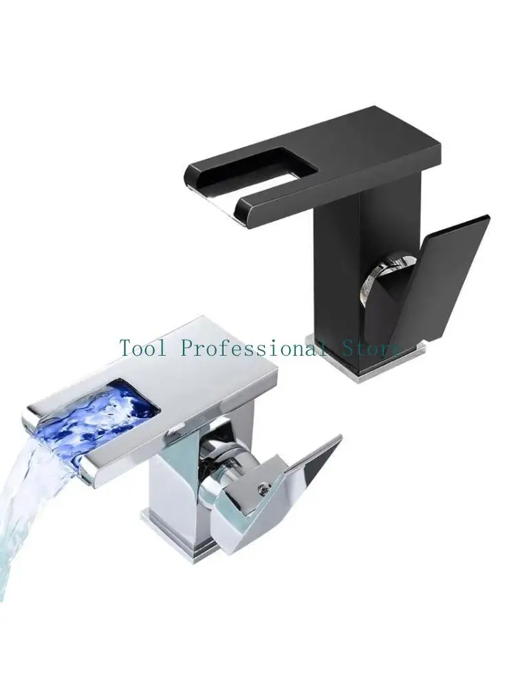 

57QF LED Waterfall Faucet LED Waterfall Spout Basin Faucet 3 Colors Changing Single Handle Hole LED Bathroom Sink Faucet