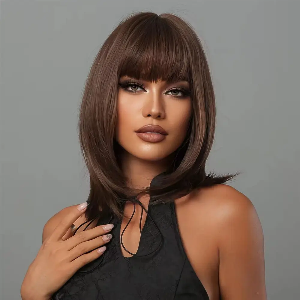 Natural Dress Up Wig With Fringe Synthetic Hair Straight Dark brown Women