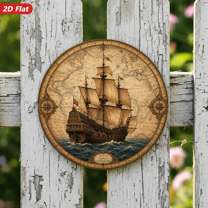 2D Flat, 1pc Nautical World Map Round Metal Sign Wall Art, Typus Orbis Terrarum, Sailing Galleon, Vintage Map, Home Decor, Ideal