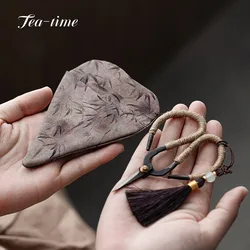 Retro Bamboo Tea Bag Scissors Pure Handmade Cloth Bag Tea Scissors Protector Tassel Chinese Knot Tea Knife Puer Tea Ceremony