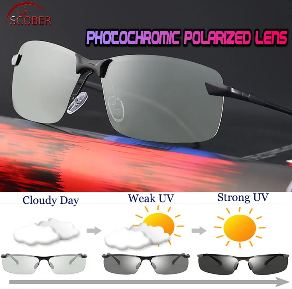 

BRAND Mens Photochromic Polarized Sunglasses Rimless Frame UV Polaroid Sports Driving Outdoor Designer Sun Glasses