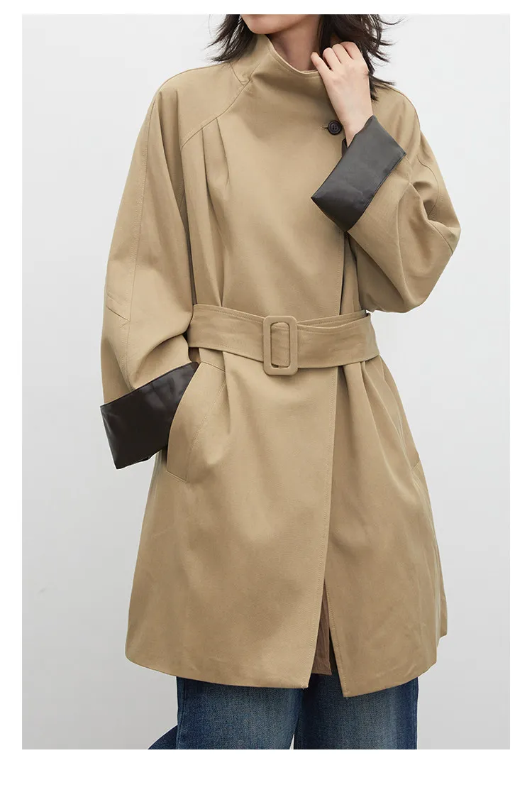 CHIC VEN Korean Women Mid Length PU Jacket Stand Collar One-button Laced Up Overcoat Office Lady Trench Coat Spring Autumn 2026