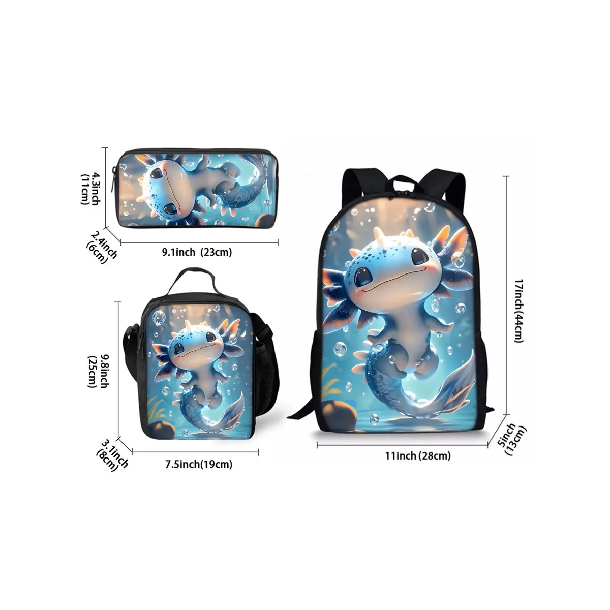 Sea Dragon Print Three Piece Backpacks Set for Boy and Girls Best Gifts 2D Flat Cartoon School Bag for Children