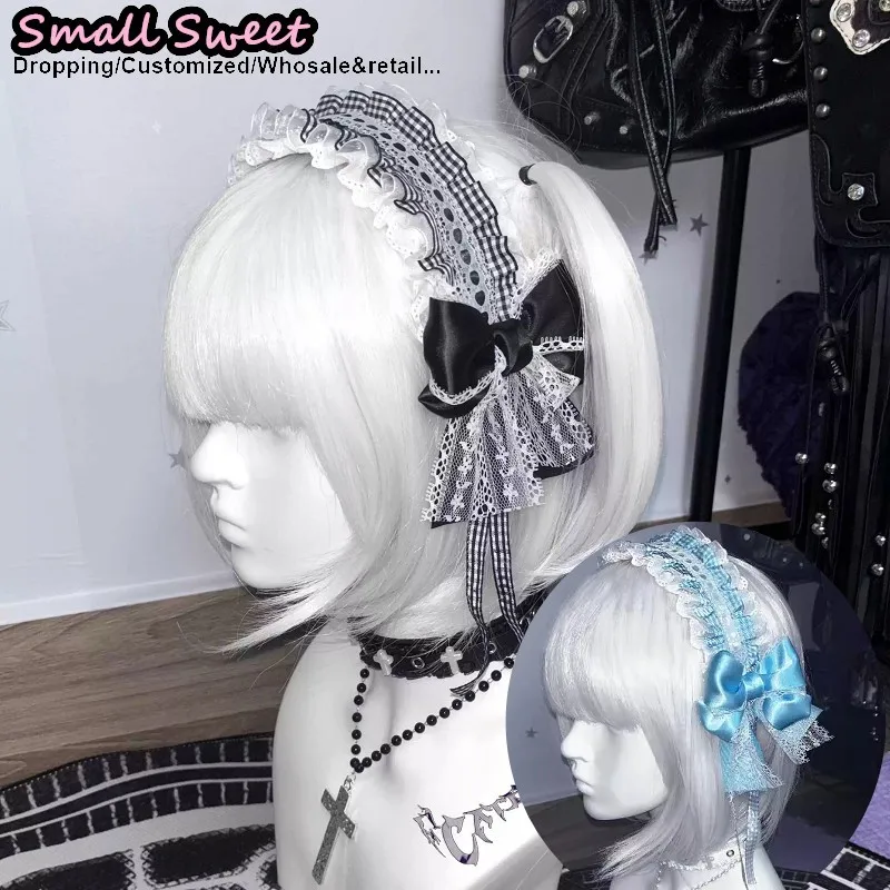 

Women Japanese Subculture Harajuku Gothic Lolita Y2K girl Punk check ribbon Floral Lace Bow Ruffled hair band Headband Hair Hoop