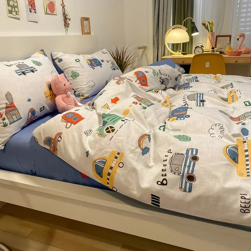 

Children Boys Cartoon Pure Cotton Bedding Set 3/4pcs Super Soft Cozy Duvet Cover Flat Sheet Pillowcase Bed Linen Bus Car Pattern