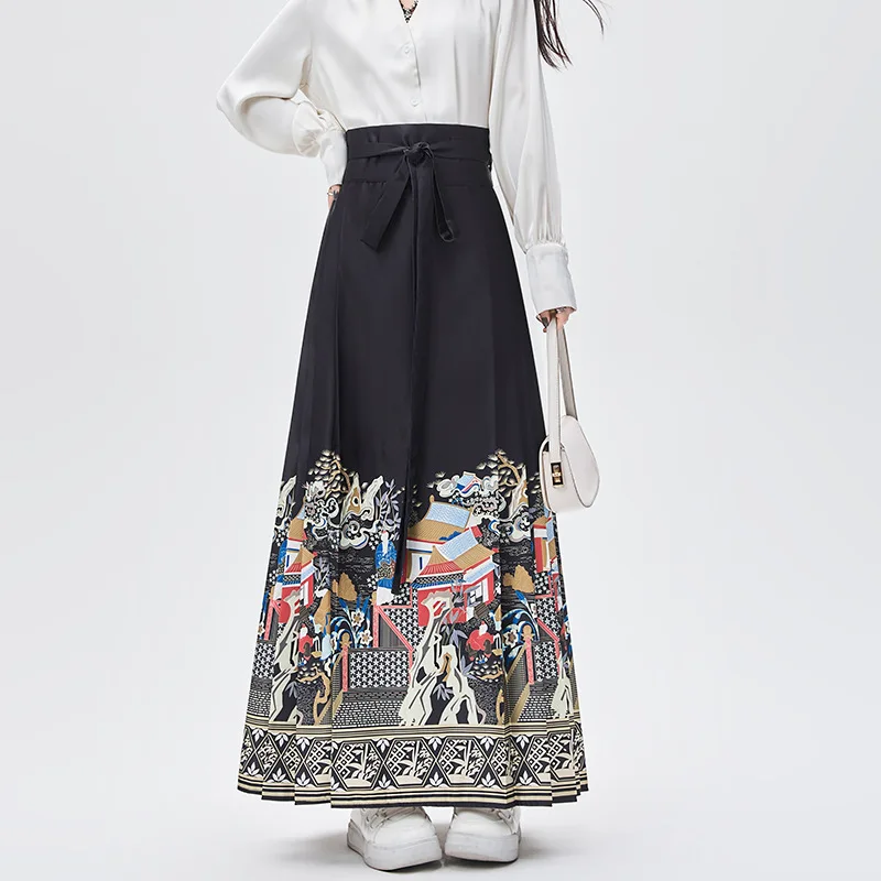 Vintage Maxi Chinese Style Horse Face Skirts for Women Saia One-piece Long Hanfu Pleated Skirt Woman Clothing Faldas Harajuku