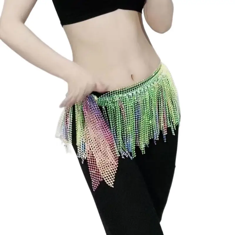 Female Mesh Diamond Belly Dance Hip Scarf Multi Layer Triangle Noble Tassel Towel Beaded Waist Chain Belt Group Versatile Outfit