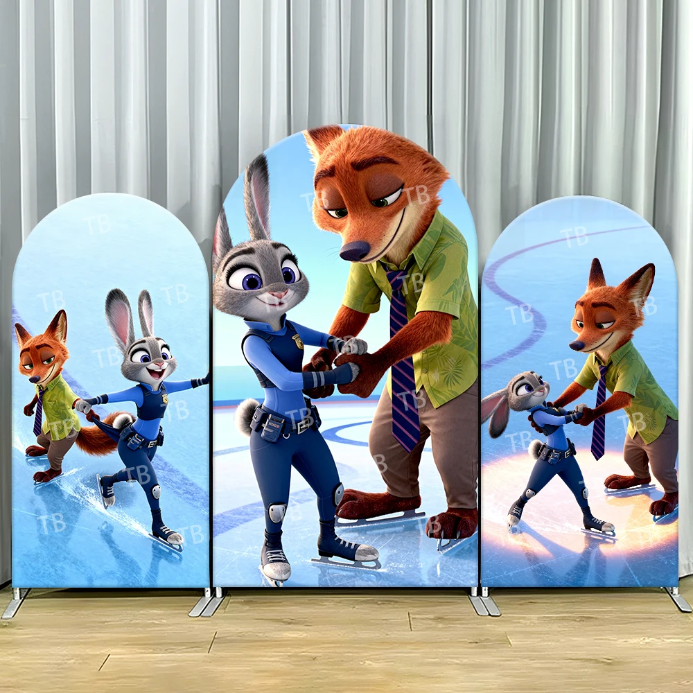

Zootopia Judy Nick Ice Skate Arch Backdrop Cover Dance Scene For Kids Birthday Party Joyful Cartoon Theme Photo Booth Decor Prop