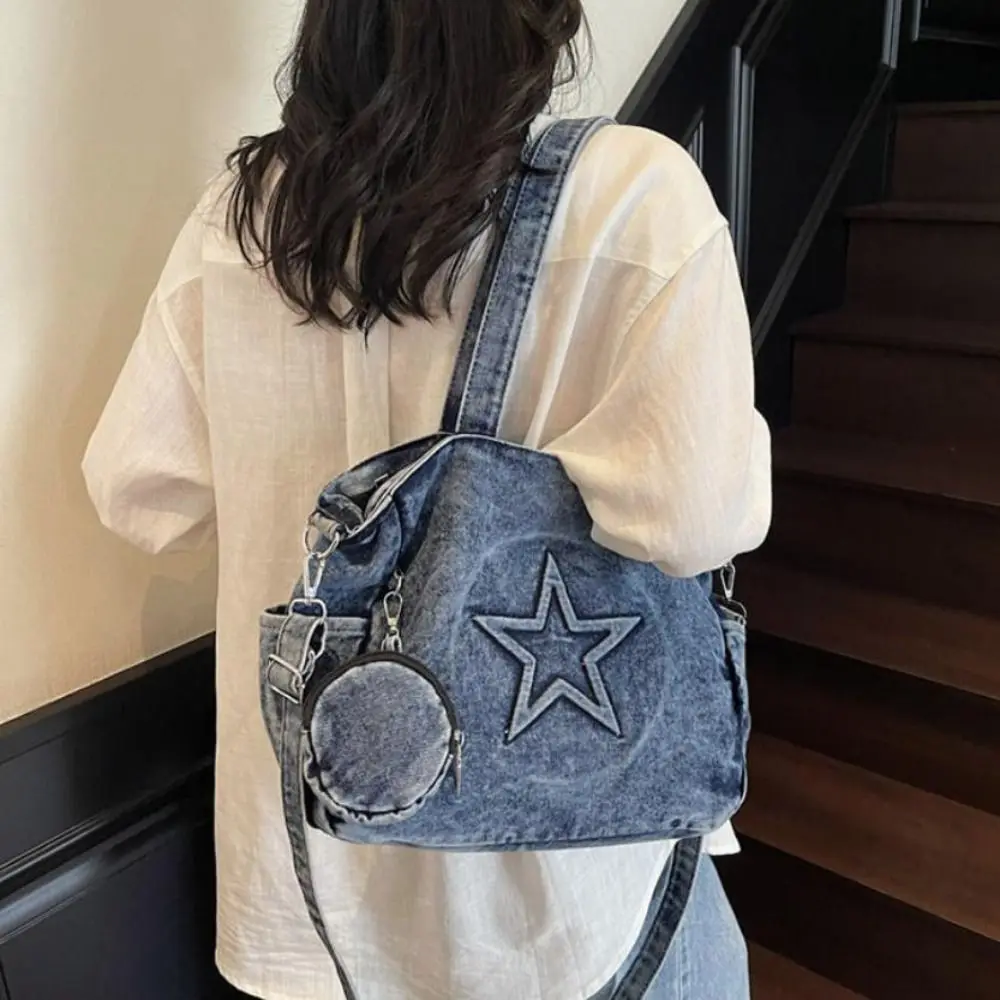 أزياء خمر المرأة حمل الحقائب Y2k الدنيم حقيبة ساع سعة كبيرة نجوم القوطية حقيبة يد يوميا #5