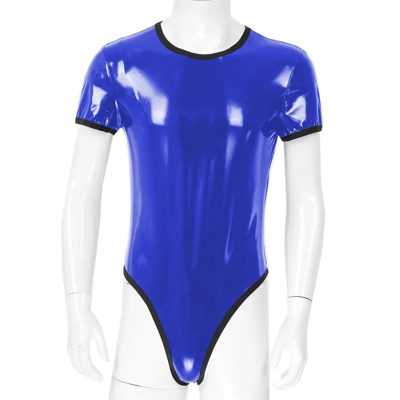 Faux leather O-Neck Catsuit Fashion stitching zip-back bodysuit sissy romper Shiny PVC Leather Wet Look Jumpsuit Club Costume