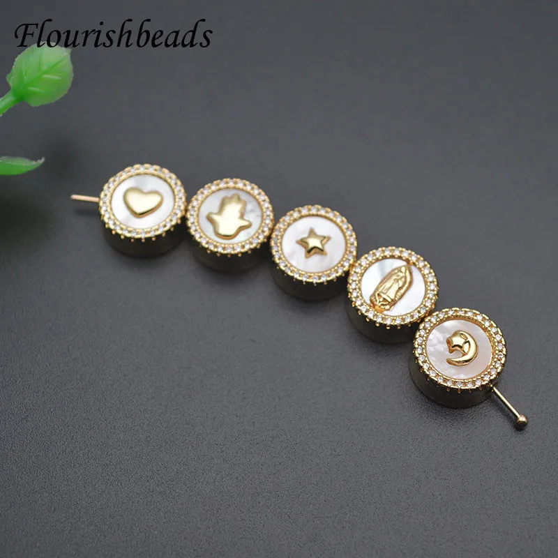 

10mm Natural MOP Shell Paved CZ Beads Round Loose Spacer Beads for DIY Jewelry Making Accessories 10pcs/lot