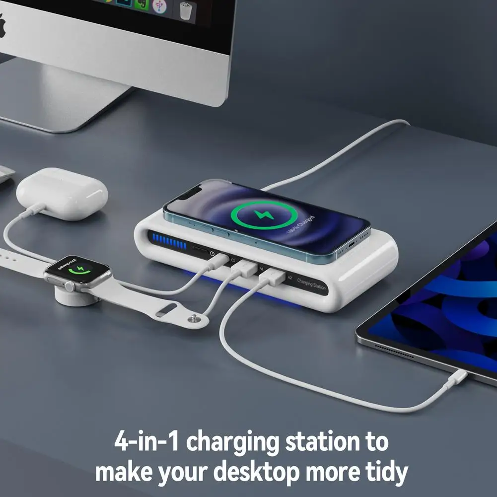 4 In 1 USB Type C Hub 15W Wireless Charger Multi-port QC3.0 Fast Charging LED Indicator For iPhone Watch Headset Android Phone