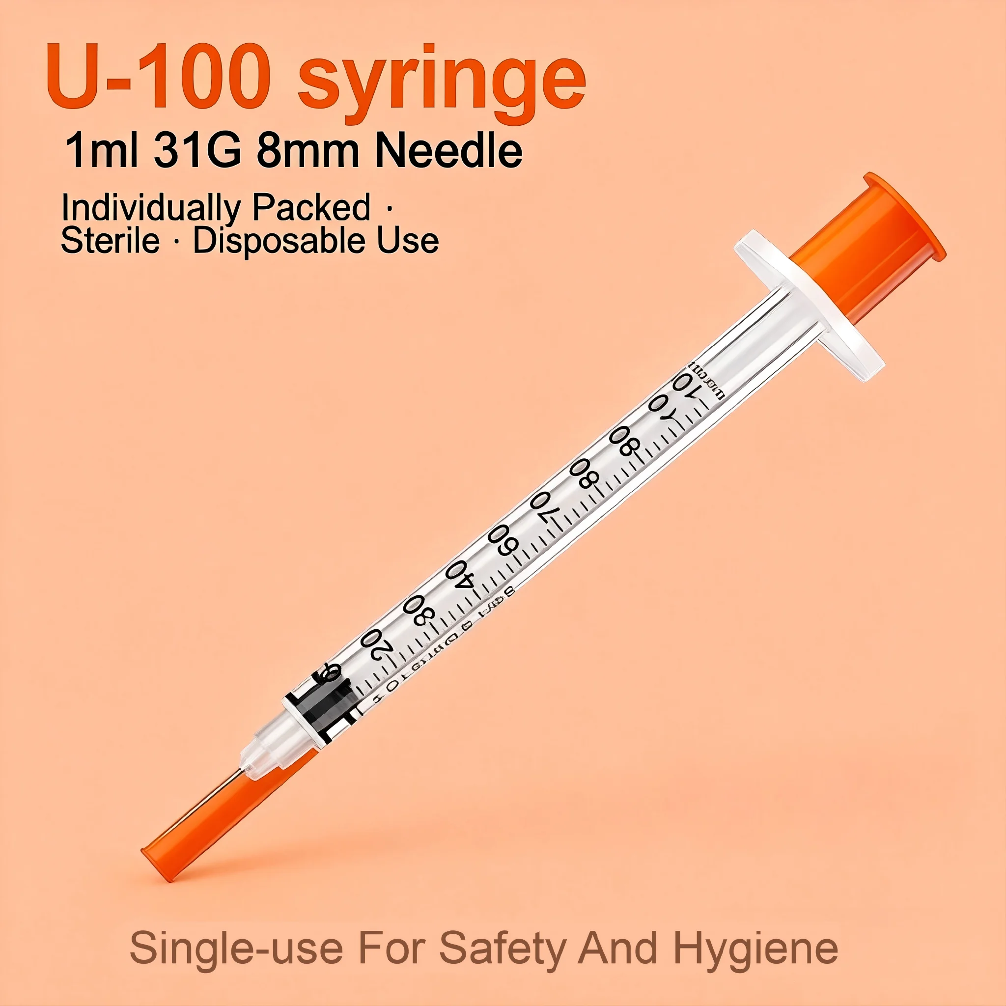

100 -Counts- Sterile Disposable Insulin Syringes U-100 1ml 31G 8mm - Individually Packaged Ideal for Pets Birds