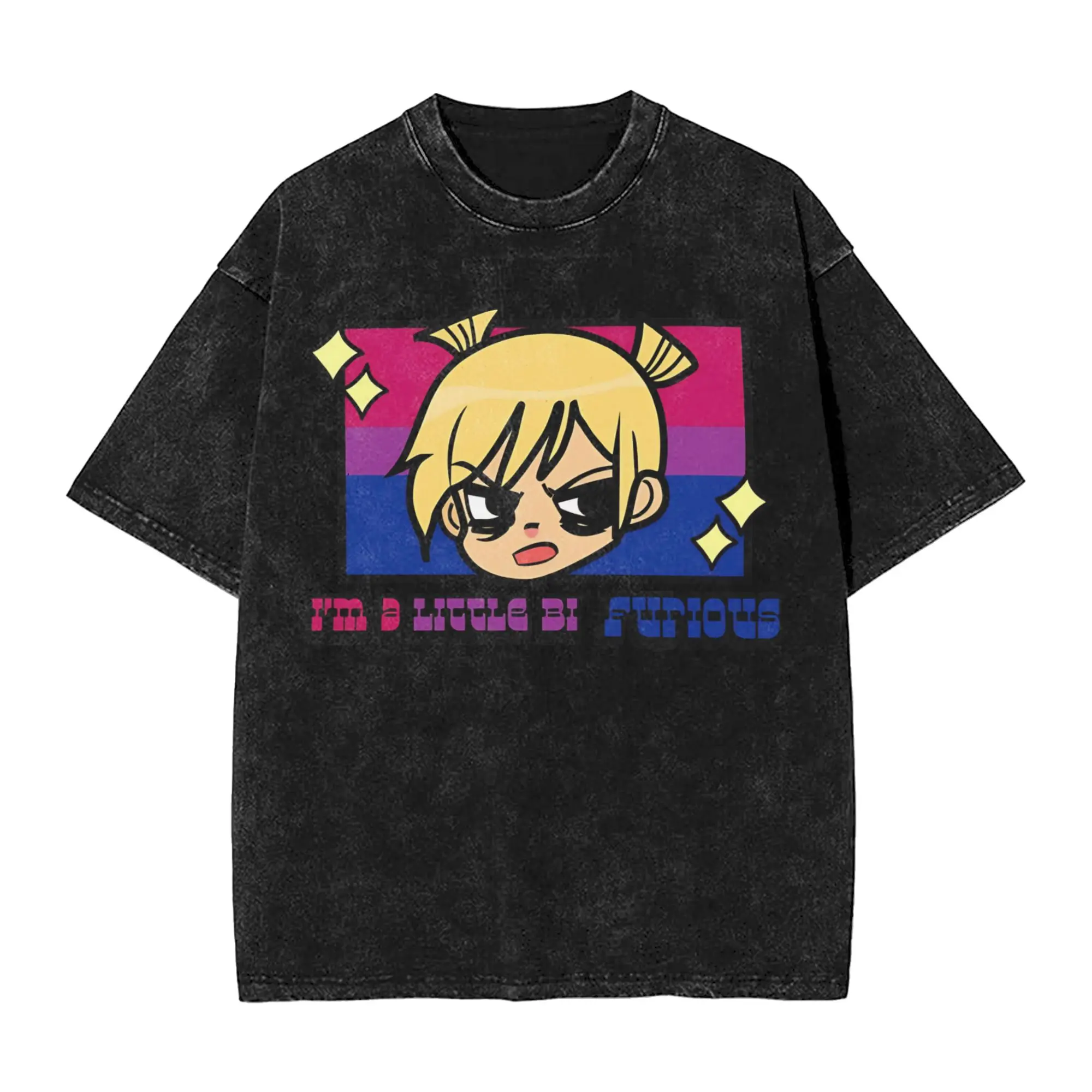 Bi furious Scotts Pilgrims vs The World Accessories Washed T Shirt Men Women Streetwear Hip Hop T-Shirts Summer  Tee Shirt