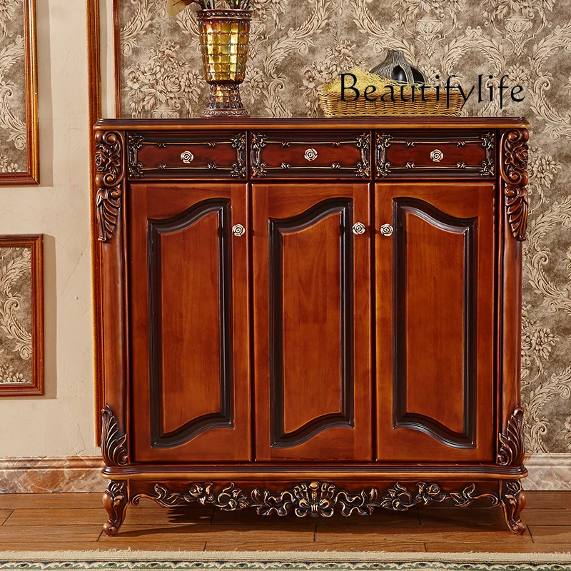 European Entry Lux Wood Carved Hallway Locker American Retro Home Three-Door Shoe Cabinet