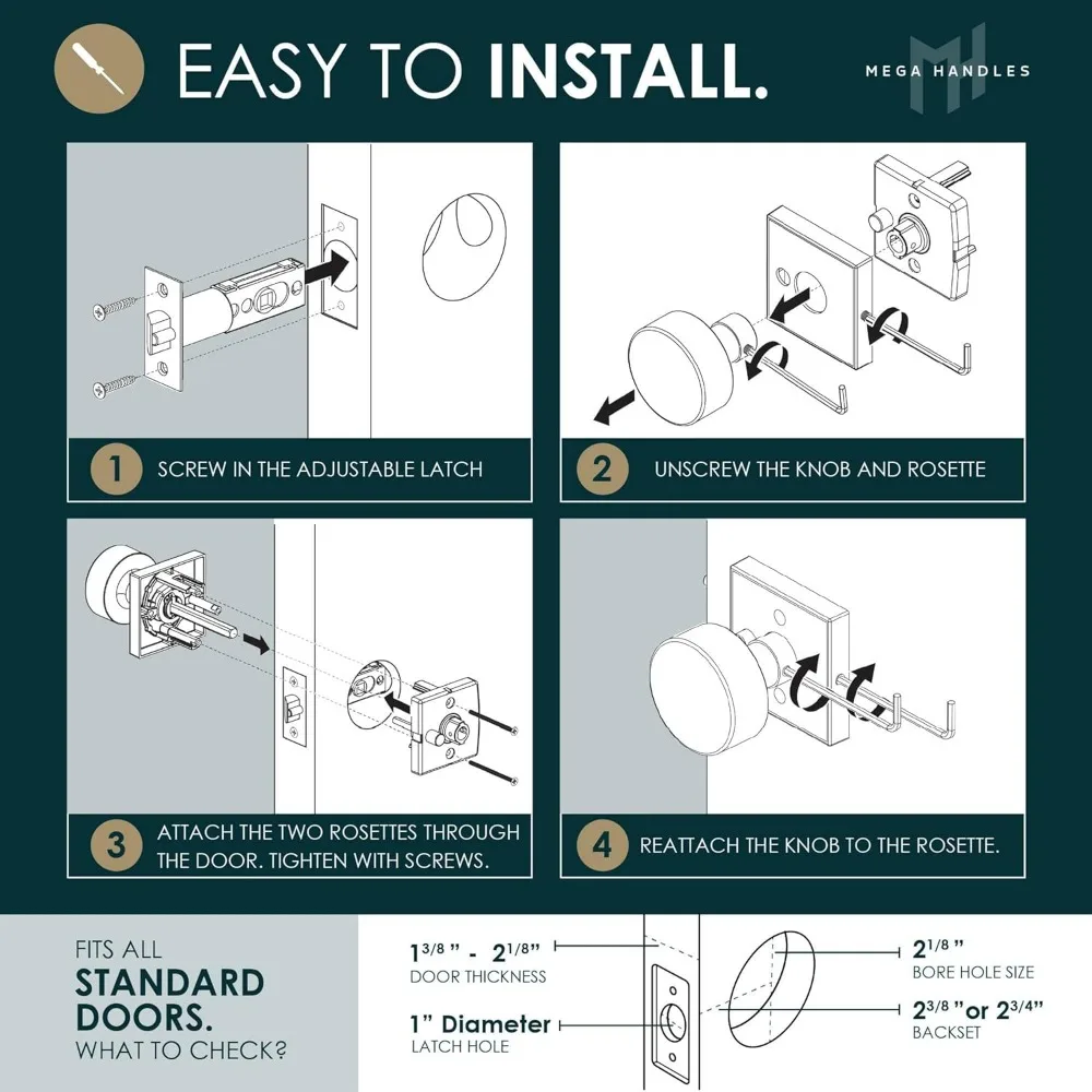 مجموعة مقابض باب داخلية ذهبية قابلة للعكس - مقابض أبواب خصوصية شديدة التحمل للسرير والحمام، عبوة واحدة