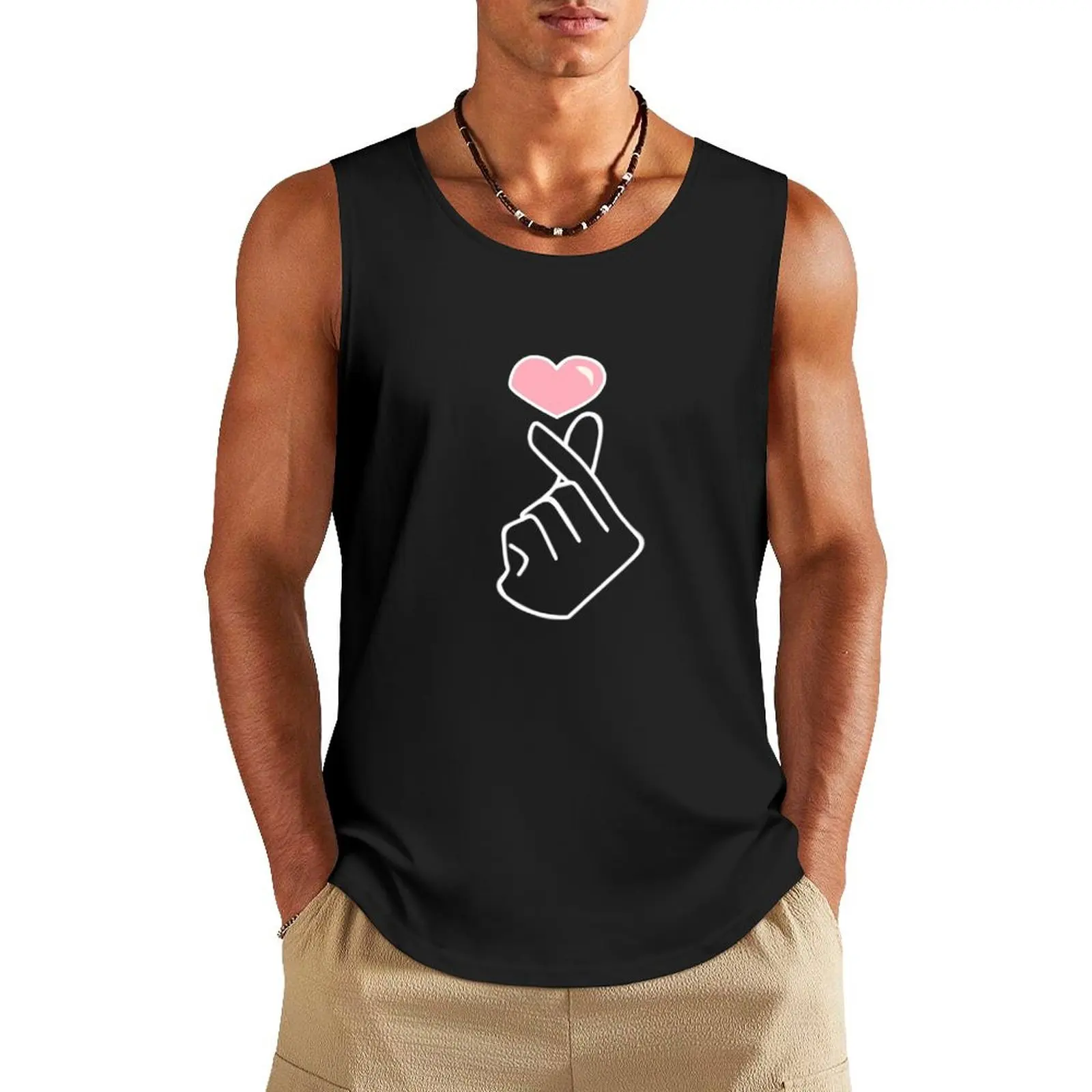 Kpop Korean Finger Heart design Tank Top Men's sleeveless gym shirts summer clothes T-shirt Men's gym