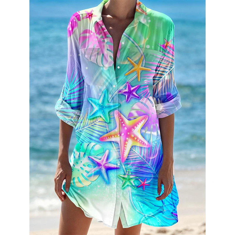 Starfish Conch Fish 3D Print Beach Blouses Women Long Sleeve Mid-length Shirts Buttons Blusas Pocket Tops Blouse Woman Clothing