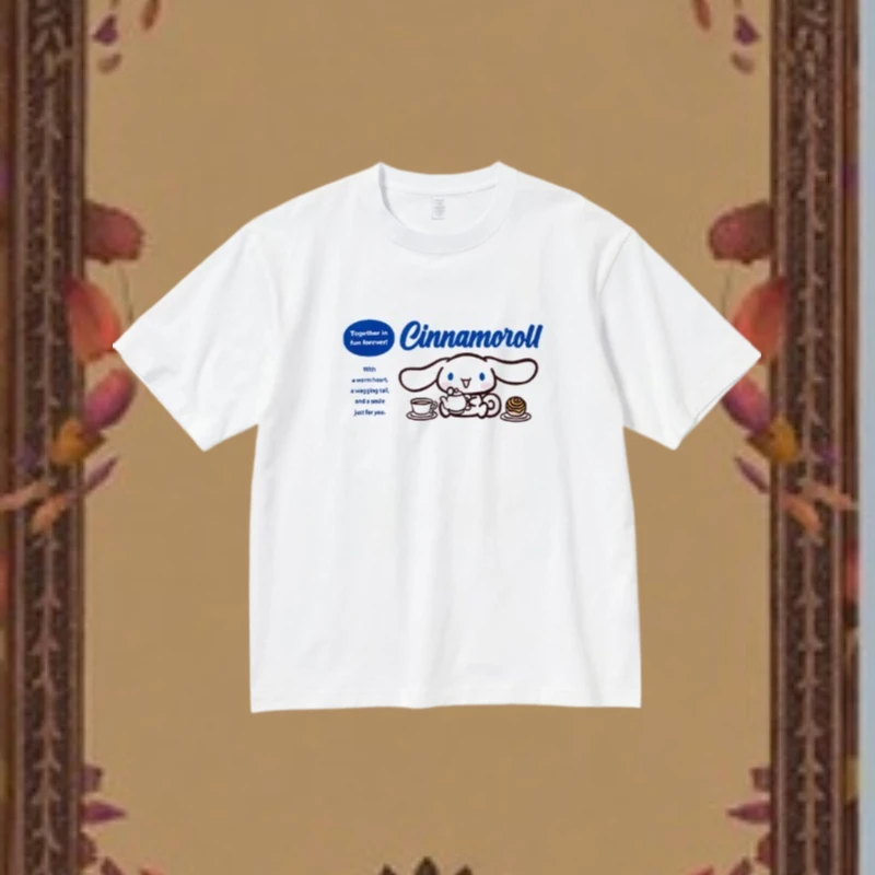 

Sanrio Cartoon Multi Pattern Printed Autumn White Versatile Cotton Short Sleeve Women's Loose Edition T-shirt