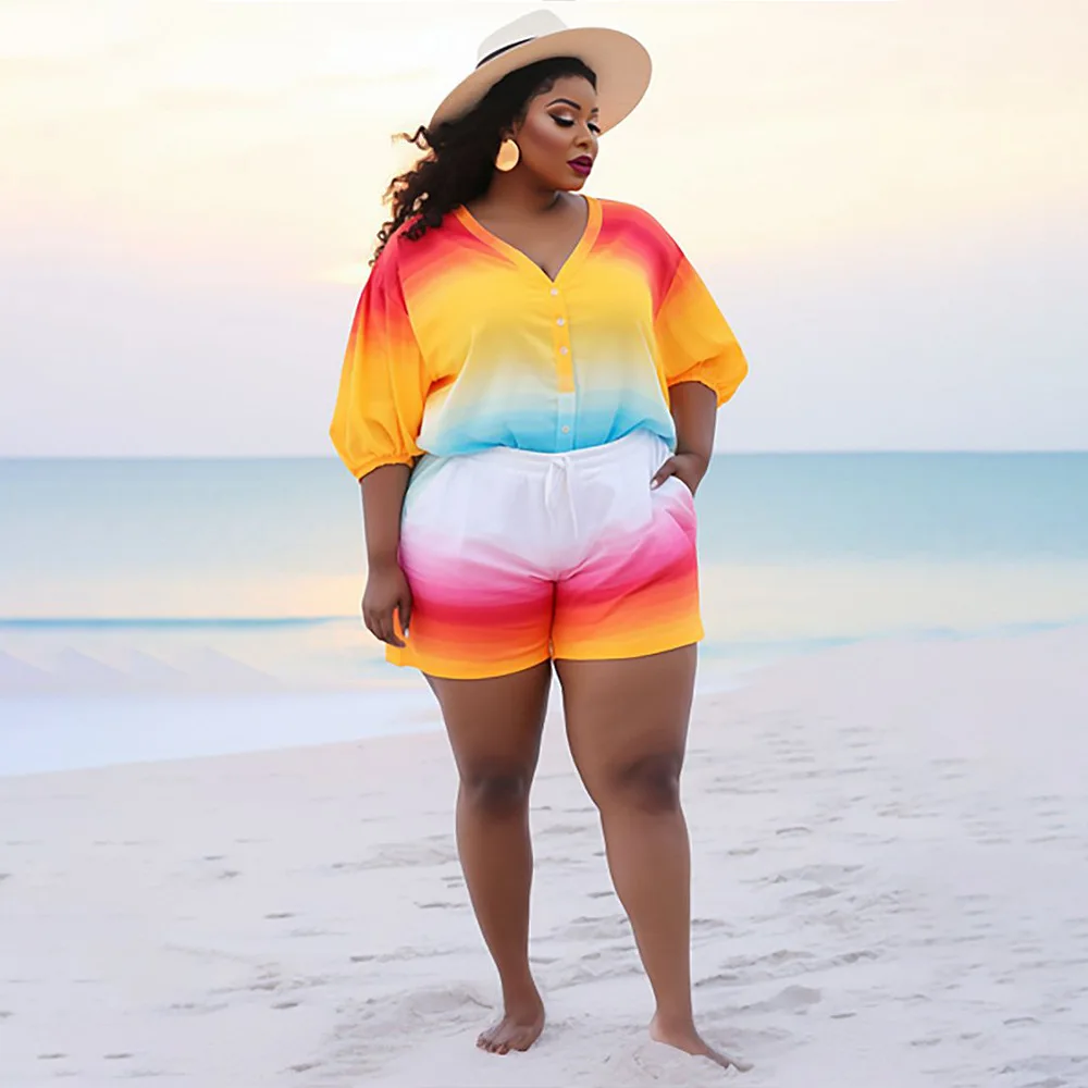 Plus Size zestaw z nadrukiem Dye damskie koszulka z dekoltem w szpic dwuczęściowy strój bluza w stylu Casual 2024 letnie pasujące zestawy dla kobiet