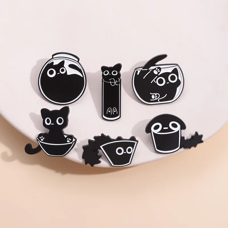 4-7pcs Black Cats Enamel Pins Cartoon Kitten Terrarium Floral Animal Brooches Lapel Badges Funny Jewelry Gift For Fans Friends