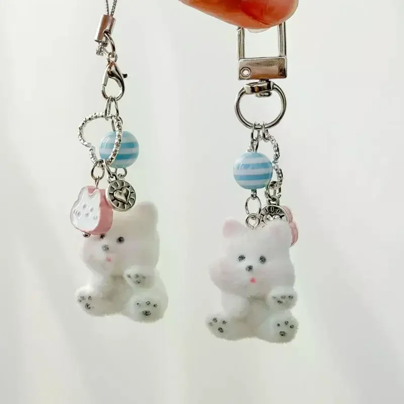 Flocking Bear Pendant Keychain Fashion Key Ring For Women Girls Cute Bag Pendant Mobile Phone Chain Gifts