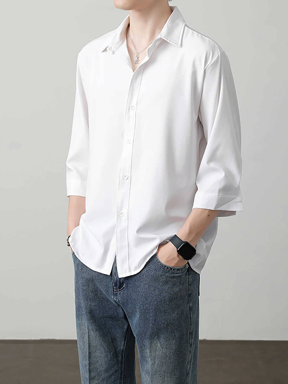 Ice Silk Short Sleeve Shirt Men's New 2025 Spring Summer No Ironing Anti-Wrinkle Casual Inner Wear Draped Seven Sleeve Shirt