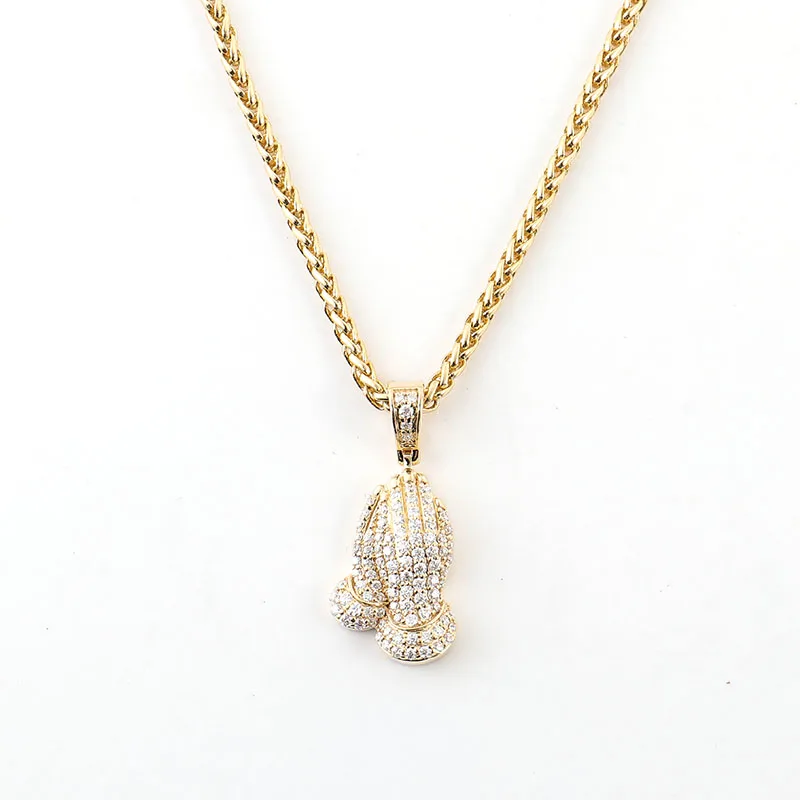 Provence Full Round Moissanite Diamond Accented Solid 14K Yellow Gold Praying Hand Pendant Trendy Jewelry With Chain