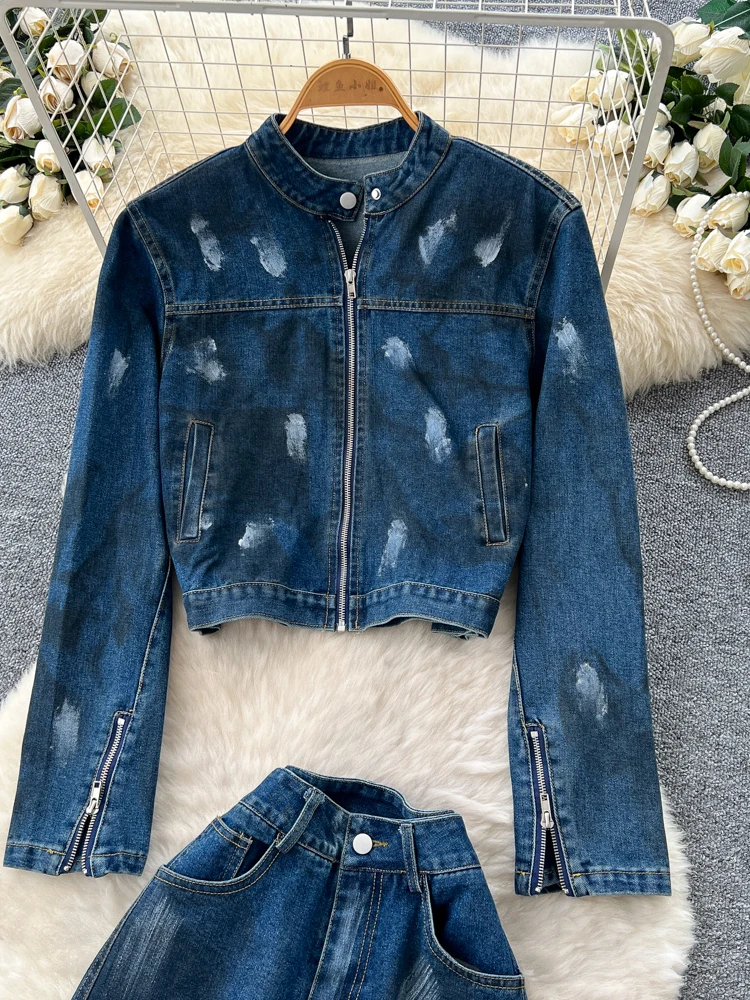 Conjunto de Jeans de Cintura Alta com Corte Reto e Jaqueta de Denim de Manga Curta para Mulheres, Estilo Casual de Outono