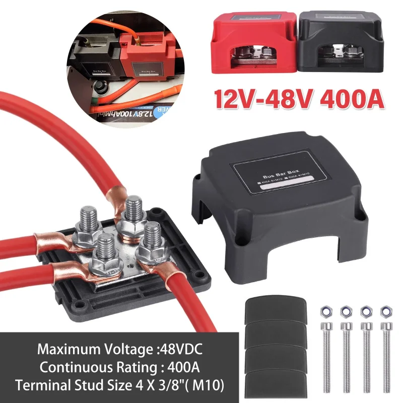 4XM10 400A 48V Bus Bar Tin Plated Copper Power Distribution Block Ground Busbar Box For Auto RV Marine Truck Boat Heavy Duty
