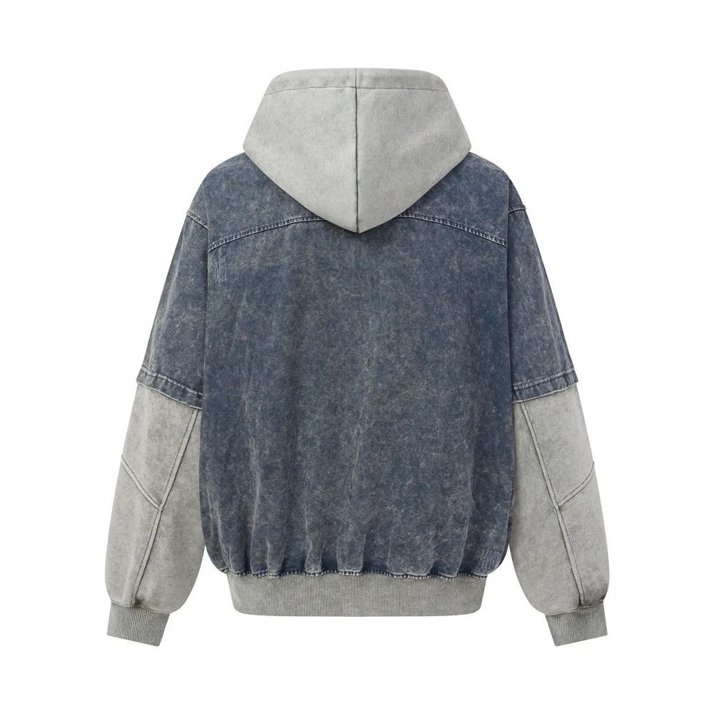 MWJLPWQ Washed Distressed Faux Two-Piece Hooded Jacket Trendy Men's Punk Style Color-Blocking Loose Fit Tops Spring Autumn 21017