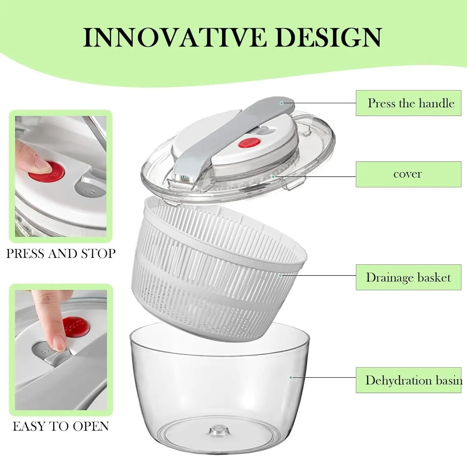 سلطة سبينر دليل سلطة سبينر الخس مجفف الفاكهة الخضار غسالة مجفف مع زر التوقف الخضار تجفيف مصفاة #4
