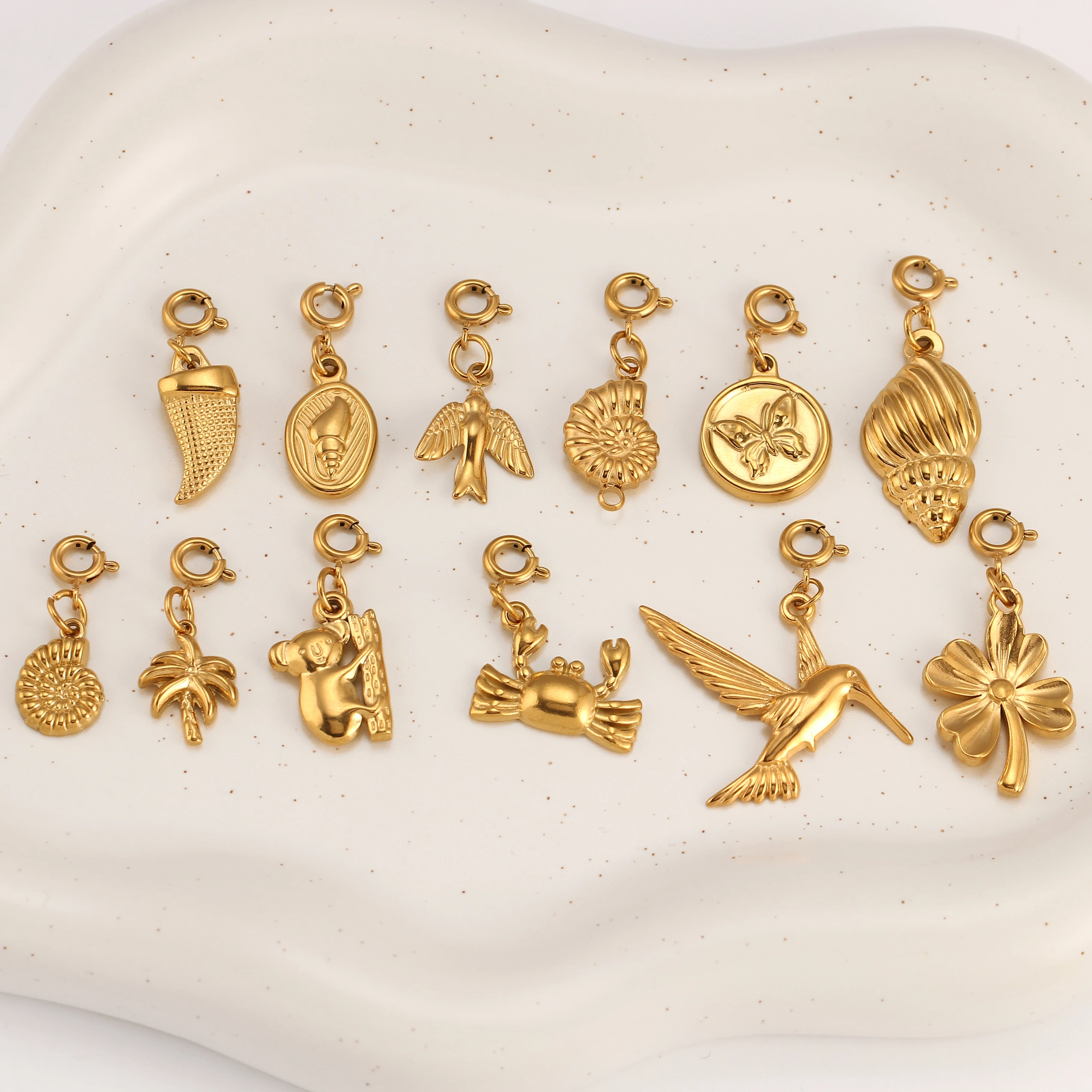 Cute Crab/Conch/Seagull/Clover Charm With Spring Clasp Buckle Stainless Steel Marine Choker Pendants for Jewelry Making Supplies