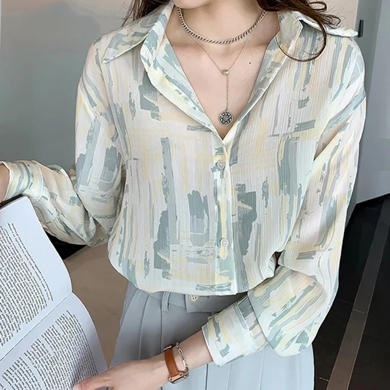 Y2K Tie tinte dibujo camisa de mujer 2025 Primavera Verano blusas sueltas de manga larga Casual Tops femeninos elegante Oficina señoras ropa de trabajo